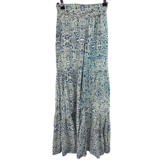 Carolina K Pants - Carolina K XS Blue White Floral Wide Leg Pants Organic Cotton Boho Lounge Resort